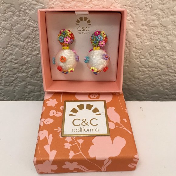 NWT C&C California White Ball with Colorful Festive Beading Post Earrings - Picture 2 of 4